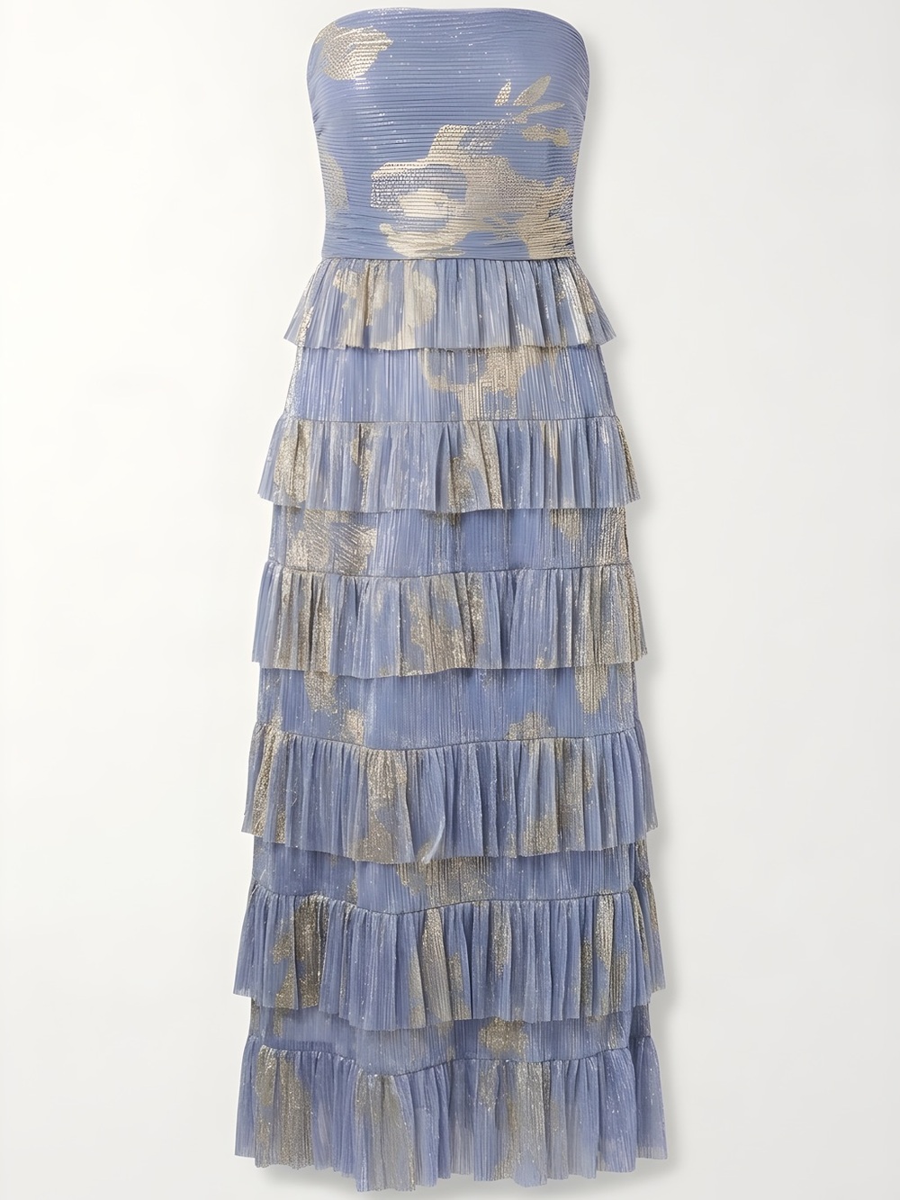 After Six Strapless Ruffled Maxi Dress in Lark Dusty Blue with Gold Foils